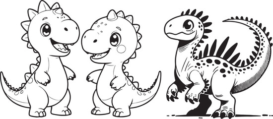 Cute Anime-Style Dinosaur Couple Coloring Page – Bold Line Art for Kids & Adults