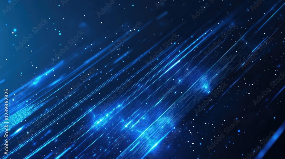 Poster futuristic abstract background featuring vibrant blue light streaks with sparkling particles creatin