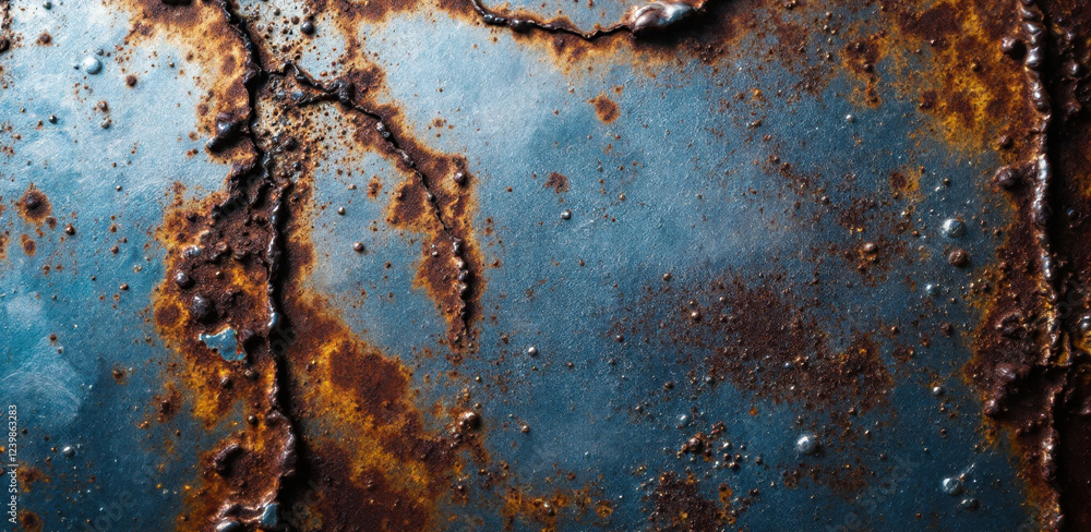 Poster detailed close-up of rustic weathered blue metal surface with rust and corrosion patterns
