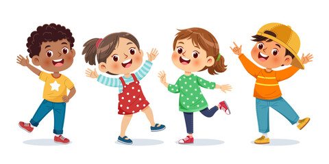 Group of happy kids in different positions and smiling isolated on white background