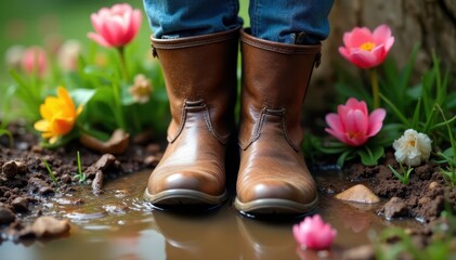 Boots submerged in muddy water with spring blooms surrounding them on a wooden planks backdrop, wooden, boots, planks