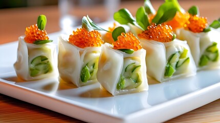 delicious asian cuisine: zucchini & caviar rolls - close-up food p.
