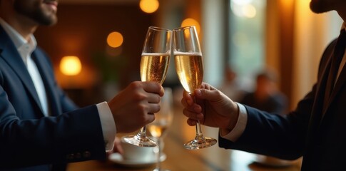Business partners raising champagne glasses in a luxurious setting, glasses, luxury, success