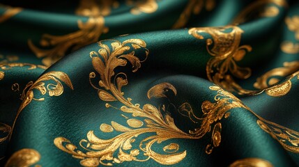 3D Rendering of Emerald Green Silk Fabric Draped with Golden Accents