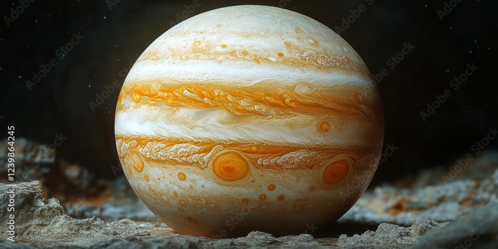 Poster photorealistic jupiter planet in artistic style with dynamic elements