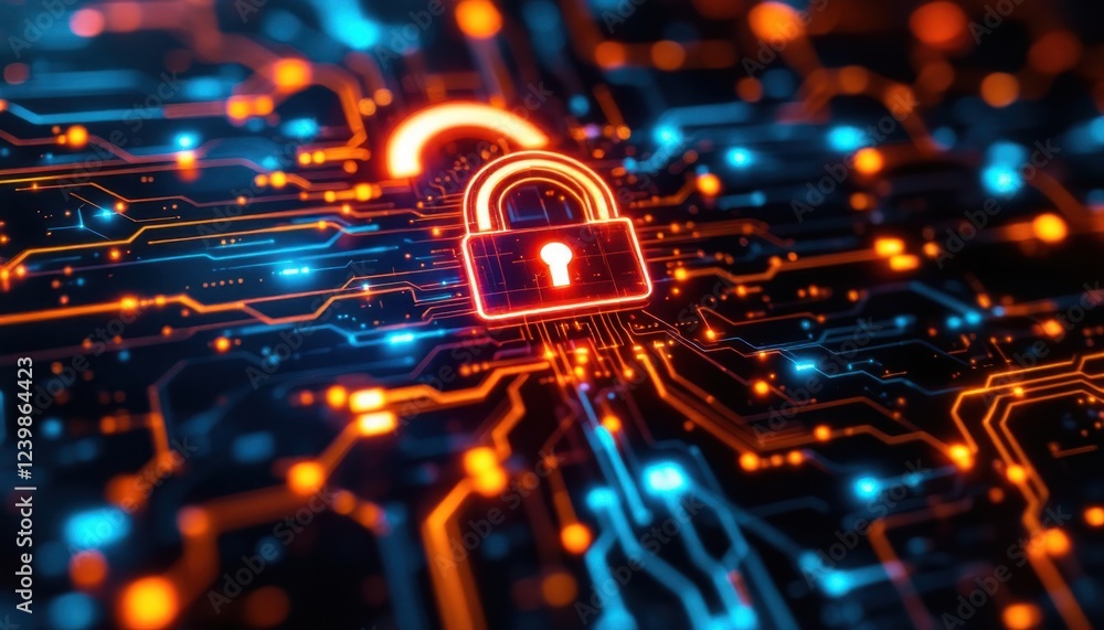 Aufkleber glowing digital lock on circuit board representing cybersecurity and data protection