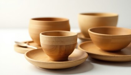 Close-up of bamboo wooden tableware including bowls, plates, and a tea infuser isolated on white surface, ceramics, tableware, bamboo