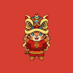 Adorable Tiger Cub in Lion Dance Costume for Lunar New Year