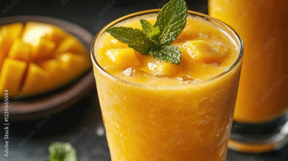 Poster refreshing mango smoothie with fresh mint leaves in a glass served on a rustic background with slice