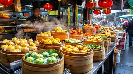 Fototapeta premium steaming dim sum at asian street market - street food