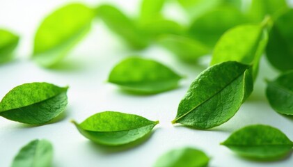 Close-up of lush green tea leaves strewn across a clean white backdrop, highlighting their natural beauty , leaf arrangement, white background, green tea