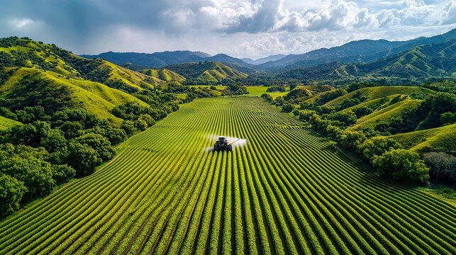 Serene Aerial View of a Lush Green Farmland nestled in Rolling Hills and Mountains