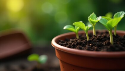 Close-up of small seedlings growing on the surface of a pot filled with soil and various gardening tools , pot, grow, greenery