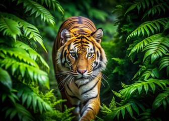 Stunning Aerial Shot of a Tiger Framed by Lush Vegetation