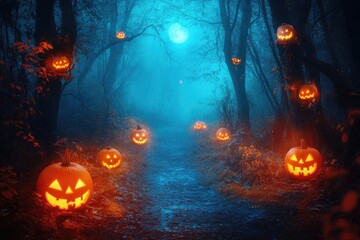 enchanted autumn forest path with glowing jackolanterns and misty moonlight