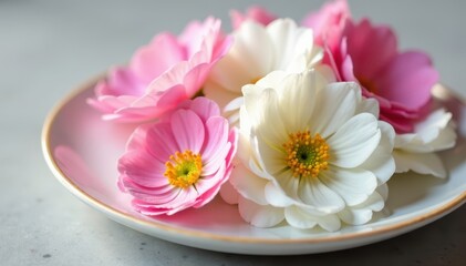 Close-up of white and pink ranunculus petals on a plate , white, plate, garnish