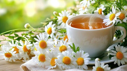 Tranquil Tea with Daisies in a Bright and Serene Natural Background