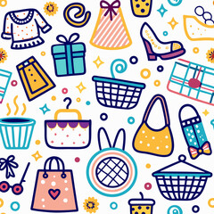 Here's a  and keyword list for your image.. Colorful doodle seamless pattern of shopping and fashion items.