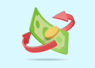 3D vector render illustration of a green banknote icon with a gold coin surrounded by a curved red arrow. currency movement concept financial circulation business finance exchange rate digital payment