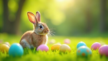 Colorful Easter eggs scattered on the grass with a friendly bunny sitting in the center, bunny, game, grass