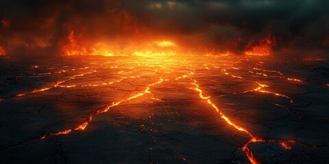 Naklejka premium Fiery Cracked Ground Landscape Red Textured Abstract Background After Volcanic Eruption