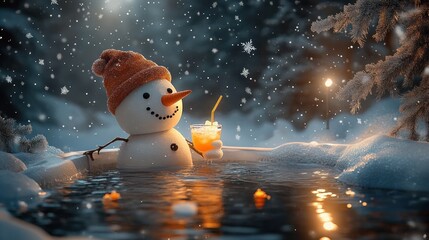 Obraz premium Snowman in Hot Tub with Cocktail Relaxing in Winter Wonderland under Moonlight