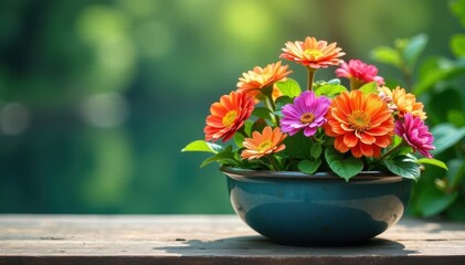 Fototapeta premium Colorful flowers and plants in a large water container, garden water feature, outdoor decor, colorful flowers