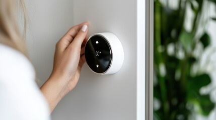 A person adjusting a modern thermostat on a wall, indicating temperature control.