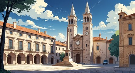 Obraz premium Ancient town square with stone monuments and tall clock towers illustration