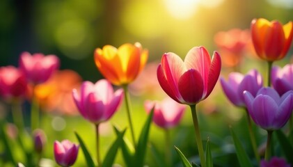 Fototapeta premium Colorful krokusse flowers blooming in a sunny garden, hourly bloom, garden beauty, spring garden