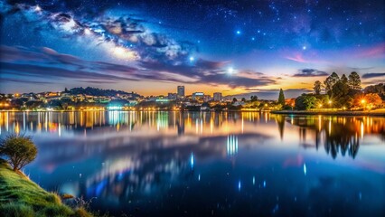 Naklejka premium Stunning Panoramic Night View of Lake Rotoroa, Hamilton, New Zealand - Calm Waters & City Lights