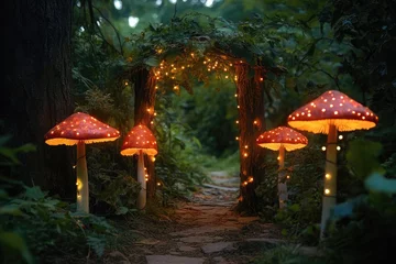 Fototapete Rund enchanted forest doorway with glowing mushrooms and fairy lights © Marica