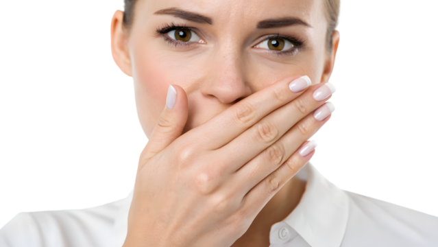 portrait of a woman covered his mouth with her hand.