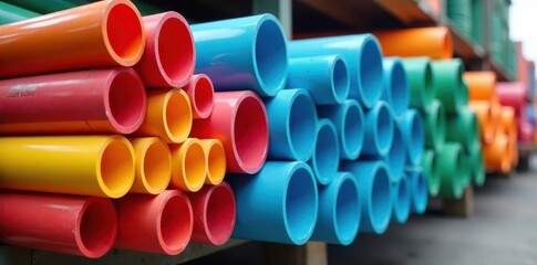 Colorful PVC pipes stacked in a vibrant arrangement, arrangement, plastic pipes, creative storage