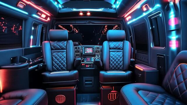 Luxury Van Interior:  A luxurious,  spacious van interior with plush leather seats, ambient lighting, and sleek modern design, perfect for comfort and entertainment. 