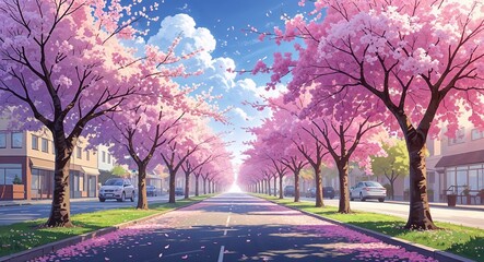 Peaceful street lined with cherry trees in full bloom petals drifting in the breeze illustration