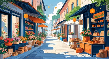 Naklejka premium Peaceful street with flower shops street vendors selling handmade crafts and aromatic teas illustration