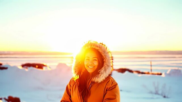 Backlit Portrait of calm happy smiling free Inuit young woman looking away enjoys a beautiful moment life on the arctic at sunset	

