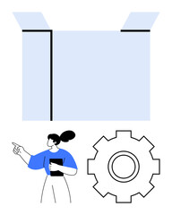 Woman gesturing at an open box alongside a gear icon, symbolizing creativity, problem-solving, and innovation. Ideal for teamwork, brainstorming, ideas, solutions, business strategies operations