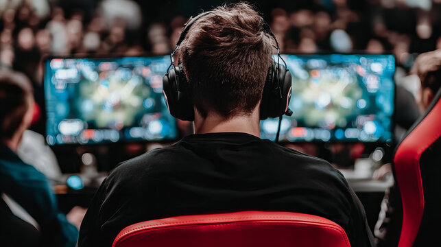 Competitive gamers focus on intense matches at an esports event with large audience in the background