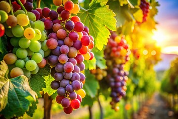 Naklejka premium Summer Vineyard Tour: Close-up of Ripe Grapes & Lush Vines