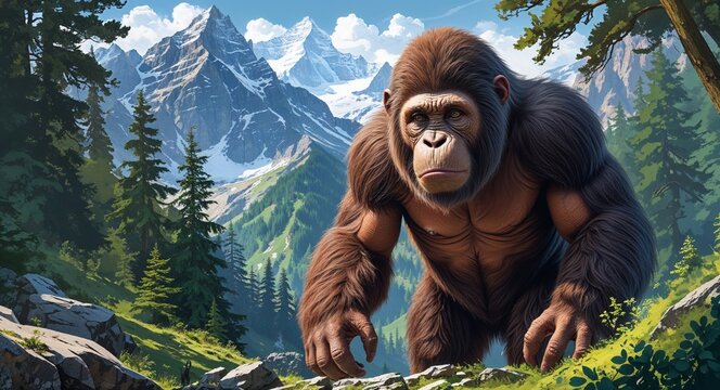 Portrait gigantopithecus on dense mountain forest background illustration