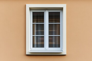 White framed window on peach wall.