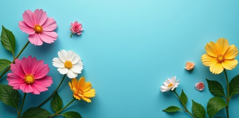 Fototapeta premium Delicate flowers in various colors on a blue background with green leaves and empty space, colorful, flowers, paper cut