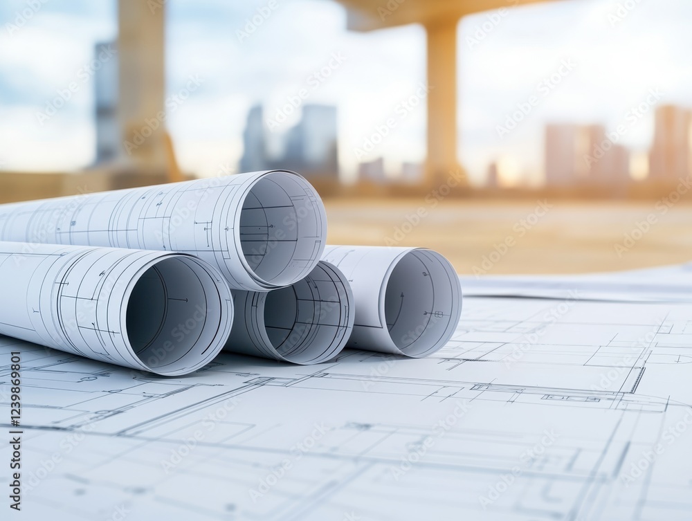 Poster business startup results concept. a close-up of rolled architectural blueprints on a flat surface, s