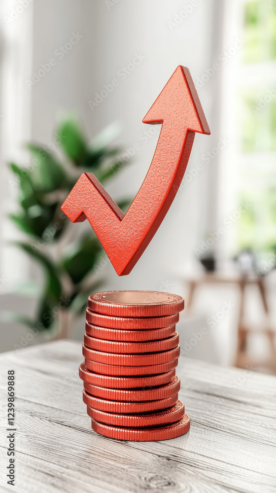 Poster business startup results concept. a red upward arrow rises above a stack of coins on a table, symbol