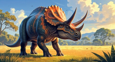 Fototapeta premium Portrait leptoceratops on sunlit prehistoric field background illustration