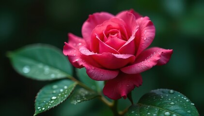Delicate rose petals unfolding amidst tiny droplets of water on velvety leaves, detail, garden, closeup