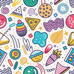 Here's a possible  and keyword list for your image.. Cheerful doodle pattern with vibrant shapes and objects.