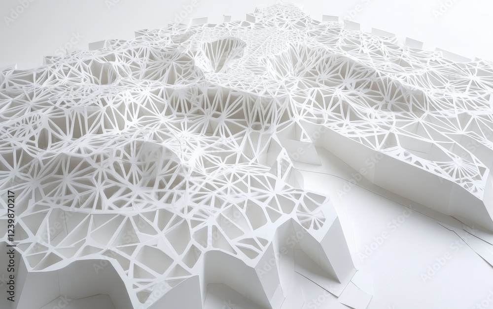 Fototapete Abstract white paper sculpture with intricate geometric patterns and textures, creating a three-dimensional landscape.